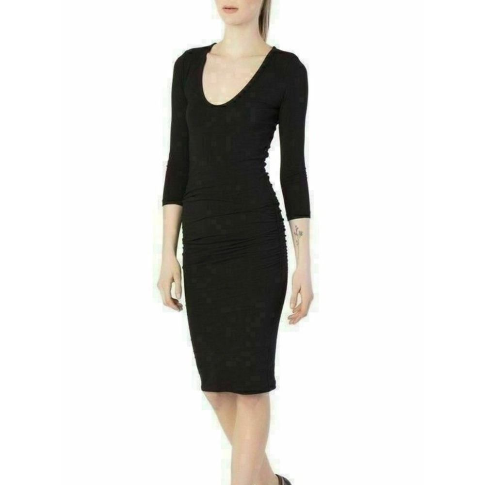 James Perse Ruched Jersey Dress Black Long Sleeve Bodycon Size 3 M